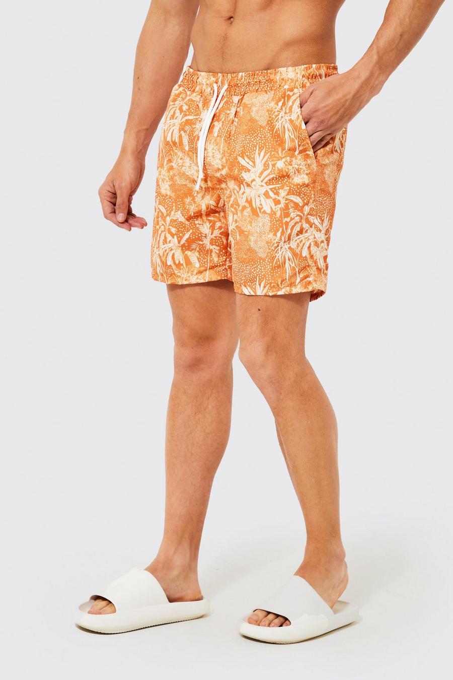 Orange Recycled Mid Length Palm Swim Shorts