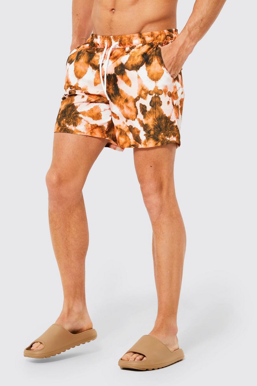 Orange Mid Length Tie Dye Ripstop Swim Shorts