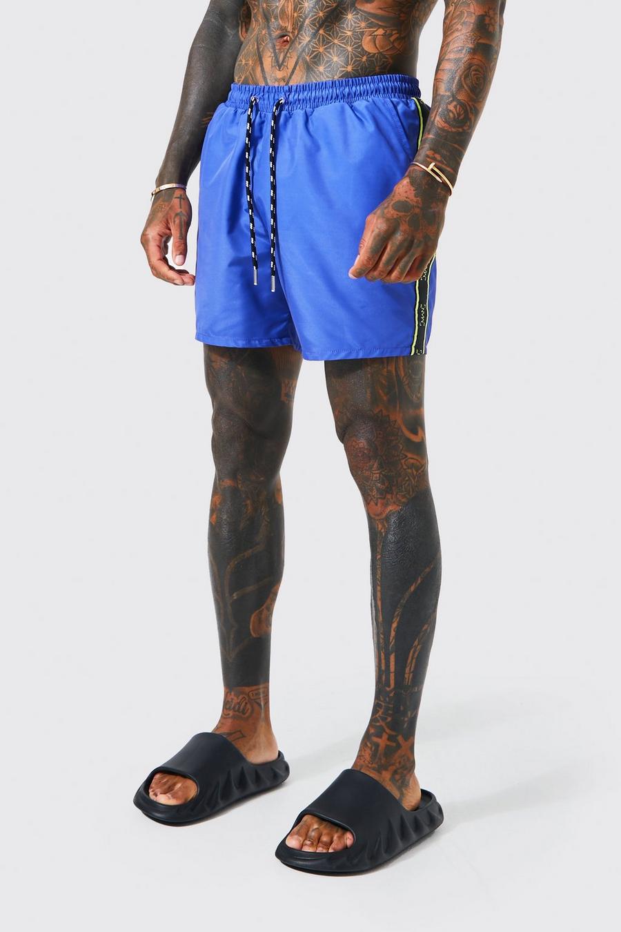 Blue blau Recycled Mid Length Tape Swim Shorts