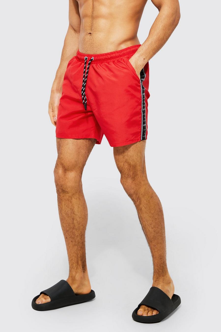 Red Mid Length Tape Swim Shorts image number 1
