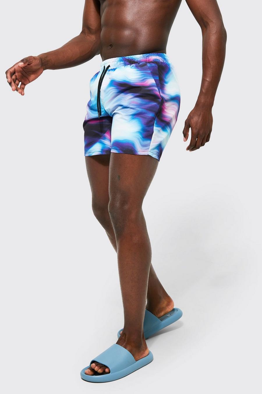 Dark blue azul Recycled Mid Length Abstract Swim Shorts