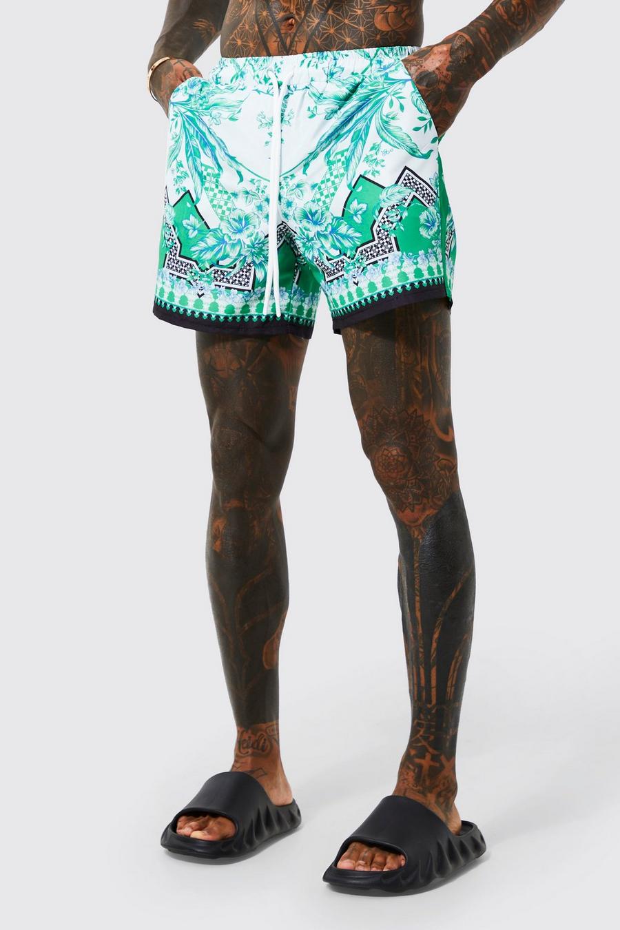 Green grön Recycled Mid Floral Side Tape Swim Shorts