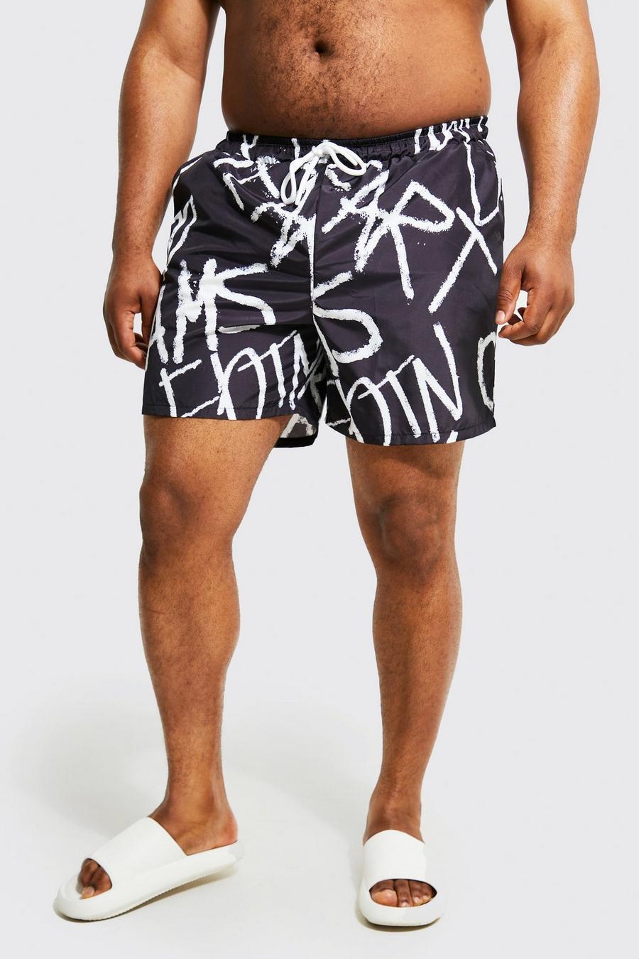 Black schwarz Plus Mid Length Graffiti Swim Shorts