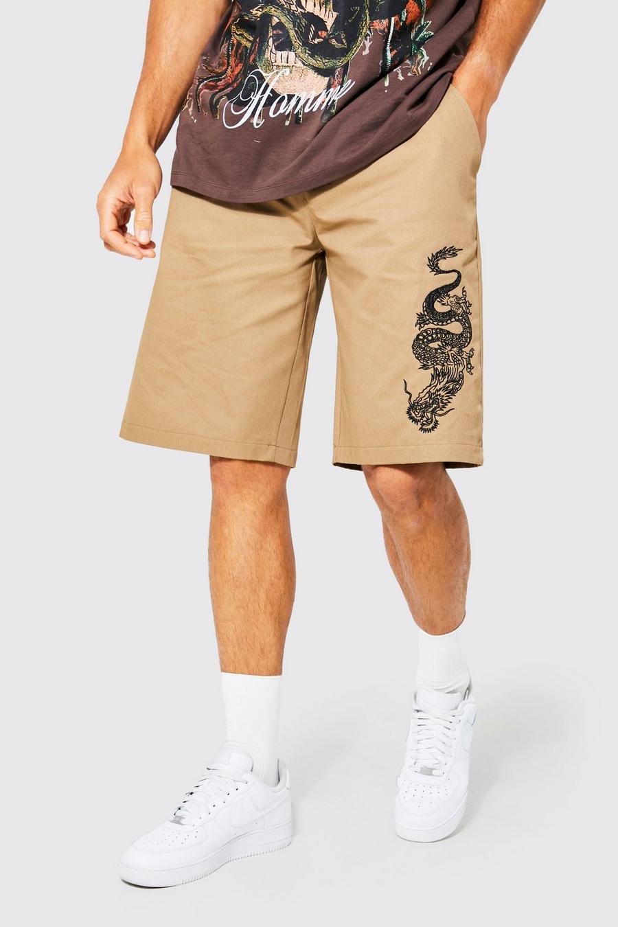 Stone Tall Relaxed Fit Dragon Embroidered Shorts image number 1