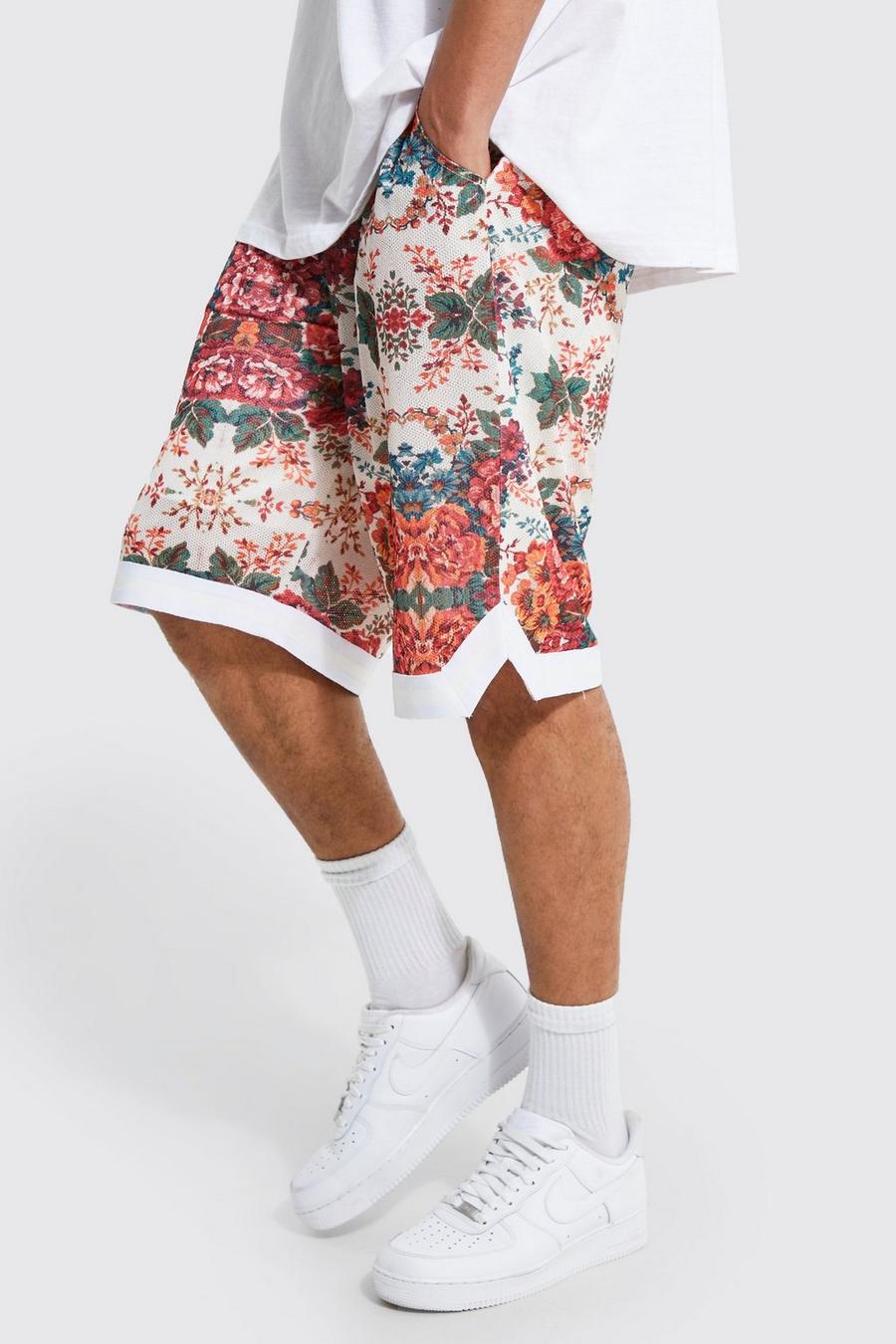 Tall - Short de basket en mesh à imprimé floral, Ecru weiß