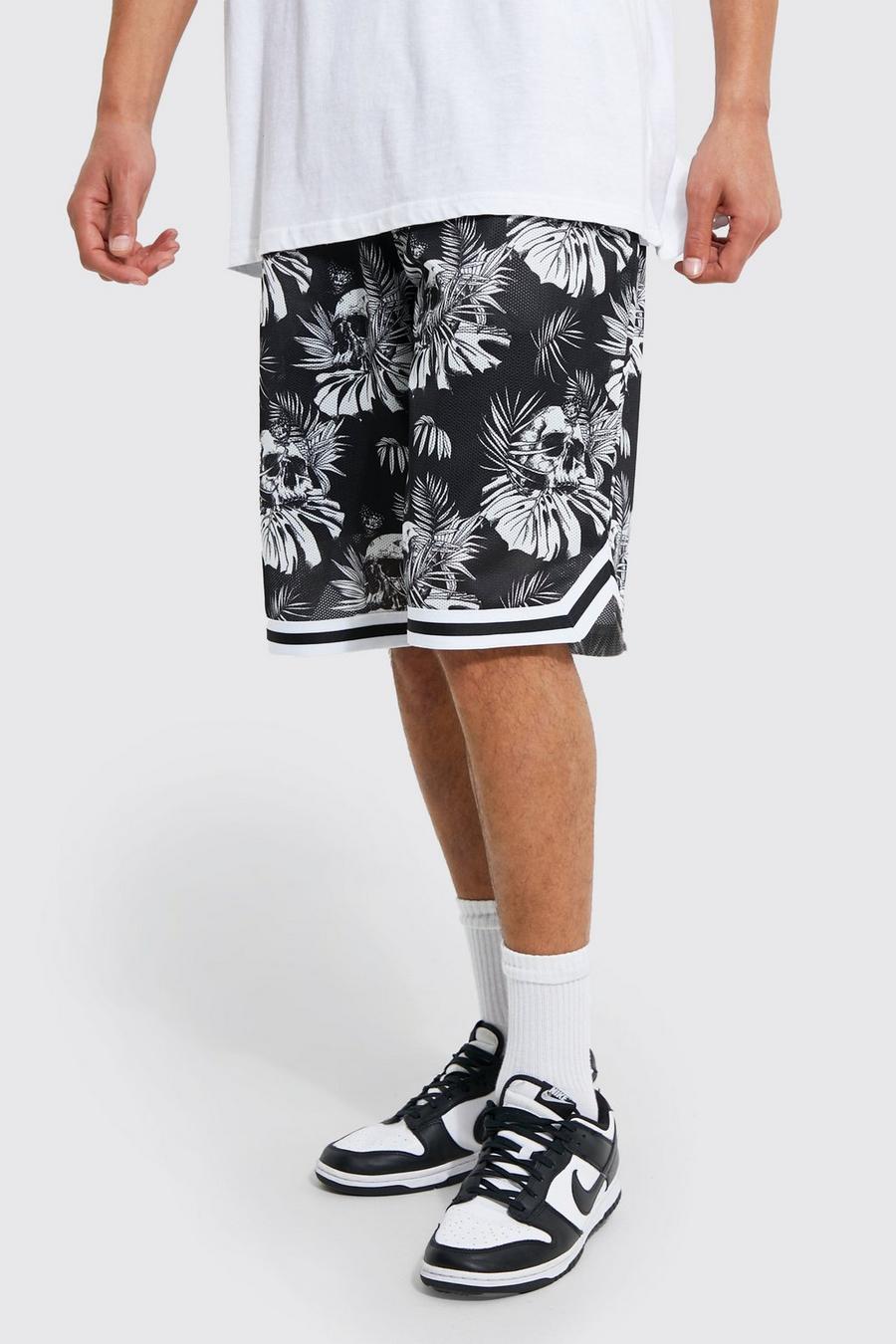 Pantaloncini da basket Tall in rete con teschi e coste sportive, Black image number 1