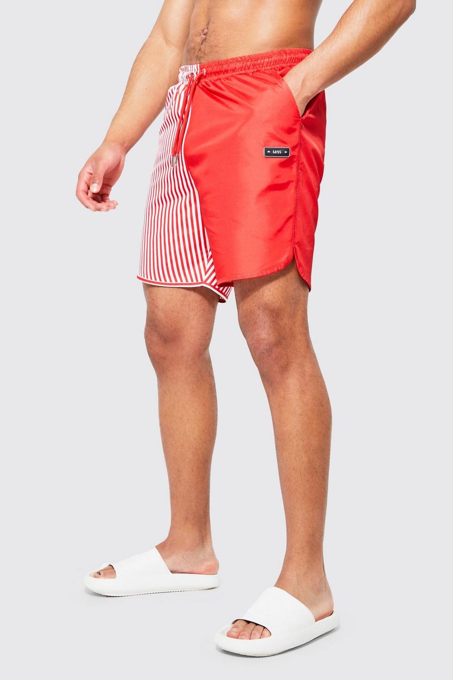 Red Tall Spliced Striped Swim Short
