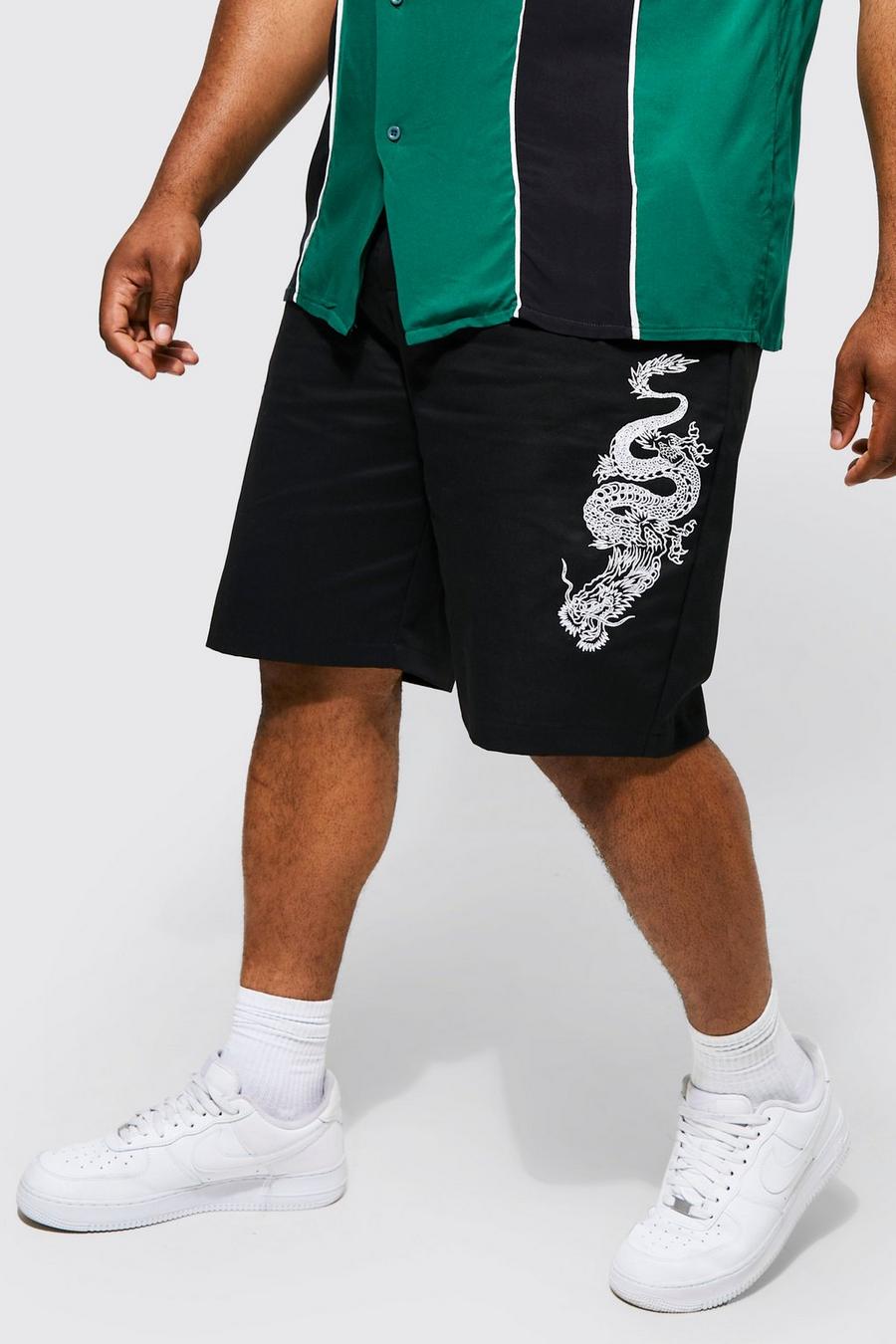 Black Plus Relaxed Fit Dragon Embroidered Short image number 1