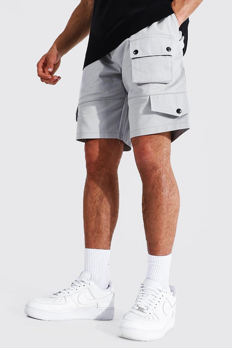 Light grey Fixed Waistband Relaxed Fit Twill Cargo Short image number 1