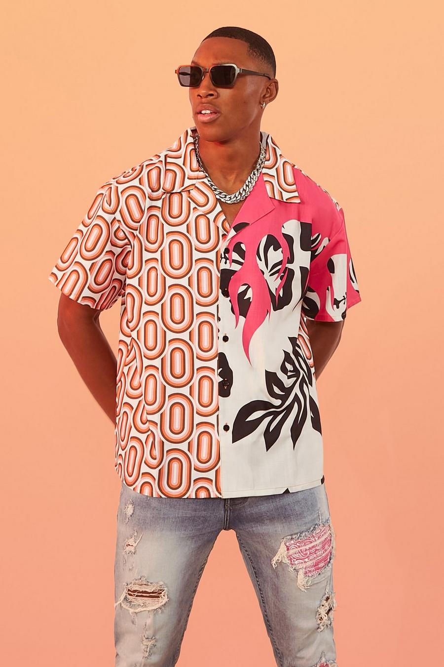 Camicia squadrata in tessuto fiammato con motivi geometrici con rever, Pink image number 1