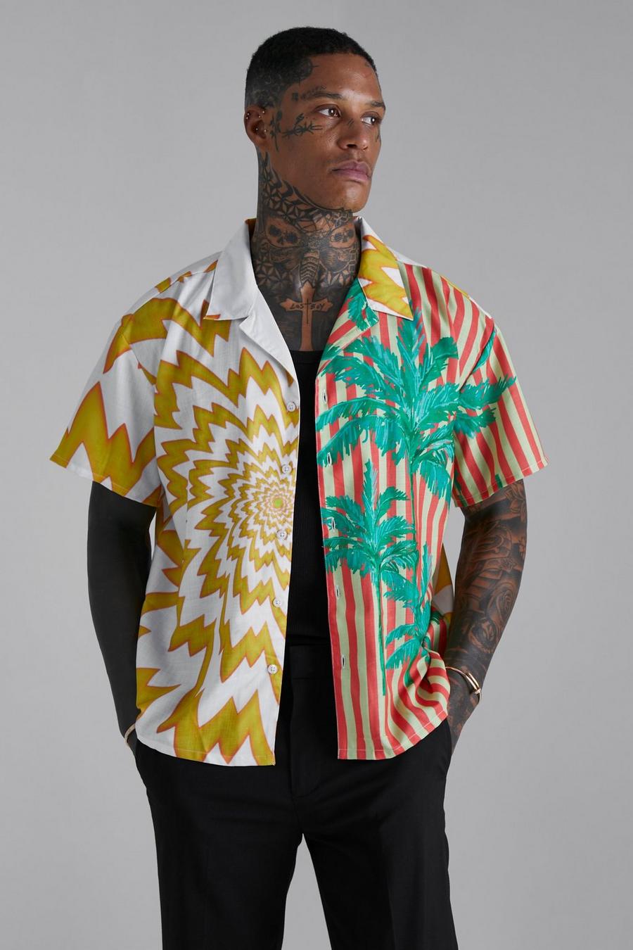 Camisa recta con solapas y estampado de palmeras en relieve, Orange image number 1