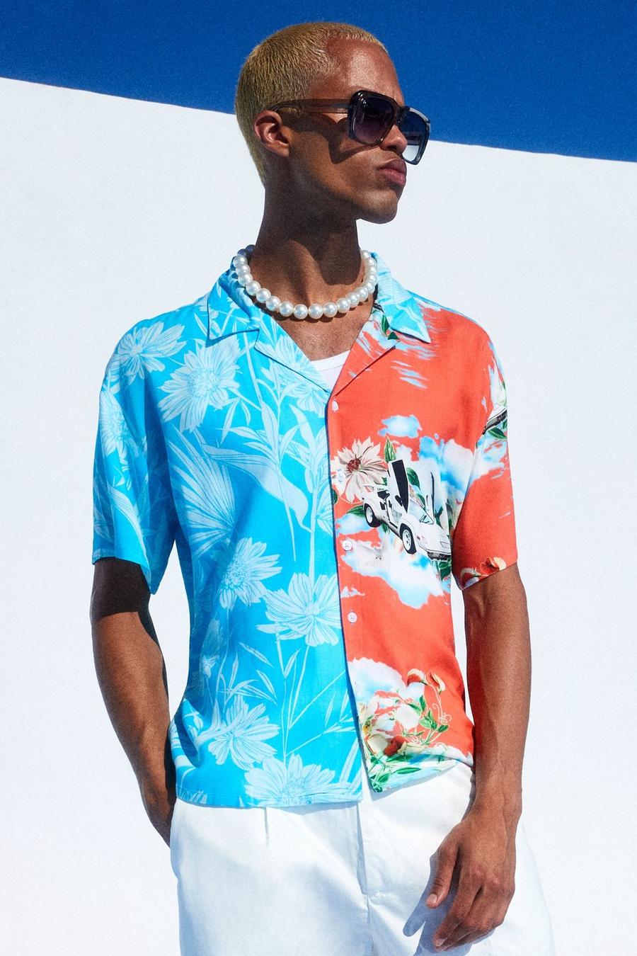 Camicia squadrata in viscosa effetto patchwork con grafica e rever, Multi multicolor