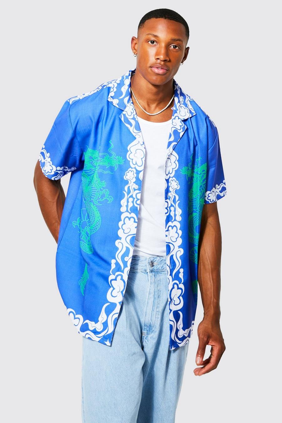 Blue Oversized Slub Dragon Overhemd Met Revers Kraag image number 1