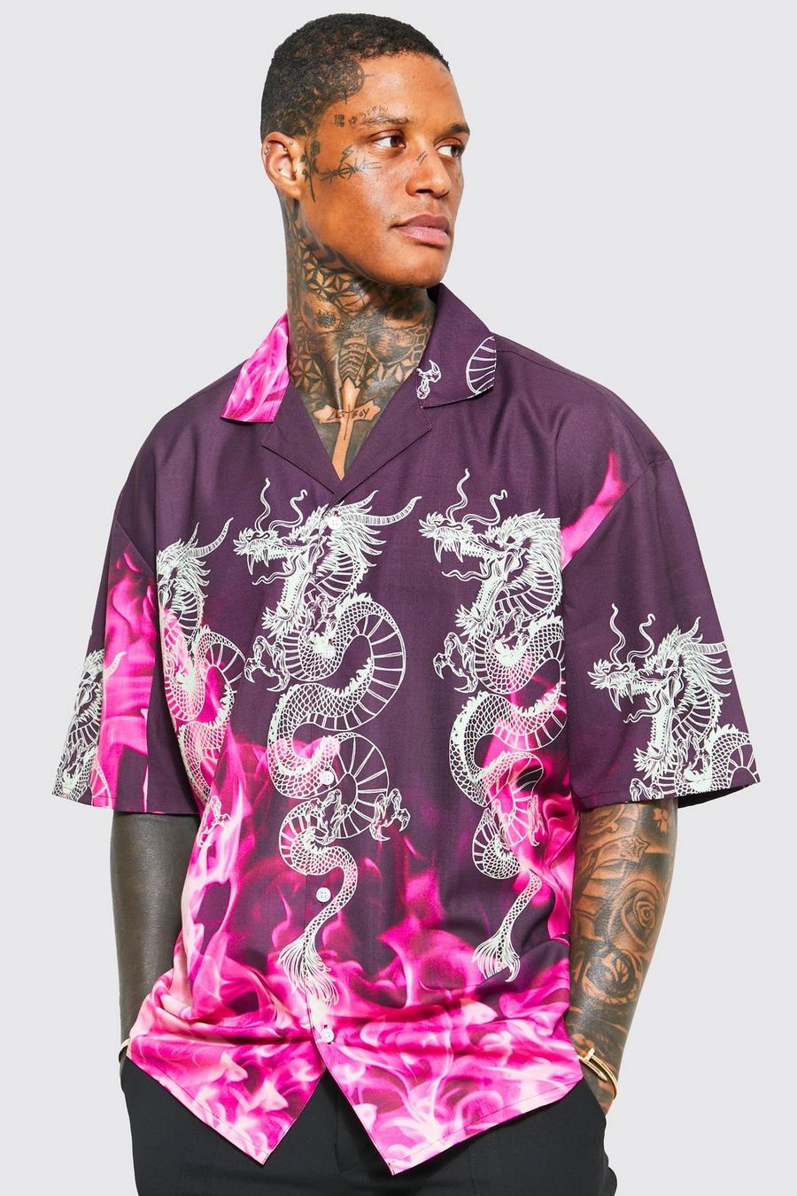 Camicia squadrata oversize in tessuto fiammato con drago, fiamme e rever, Pink rosa