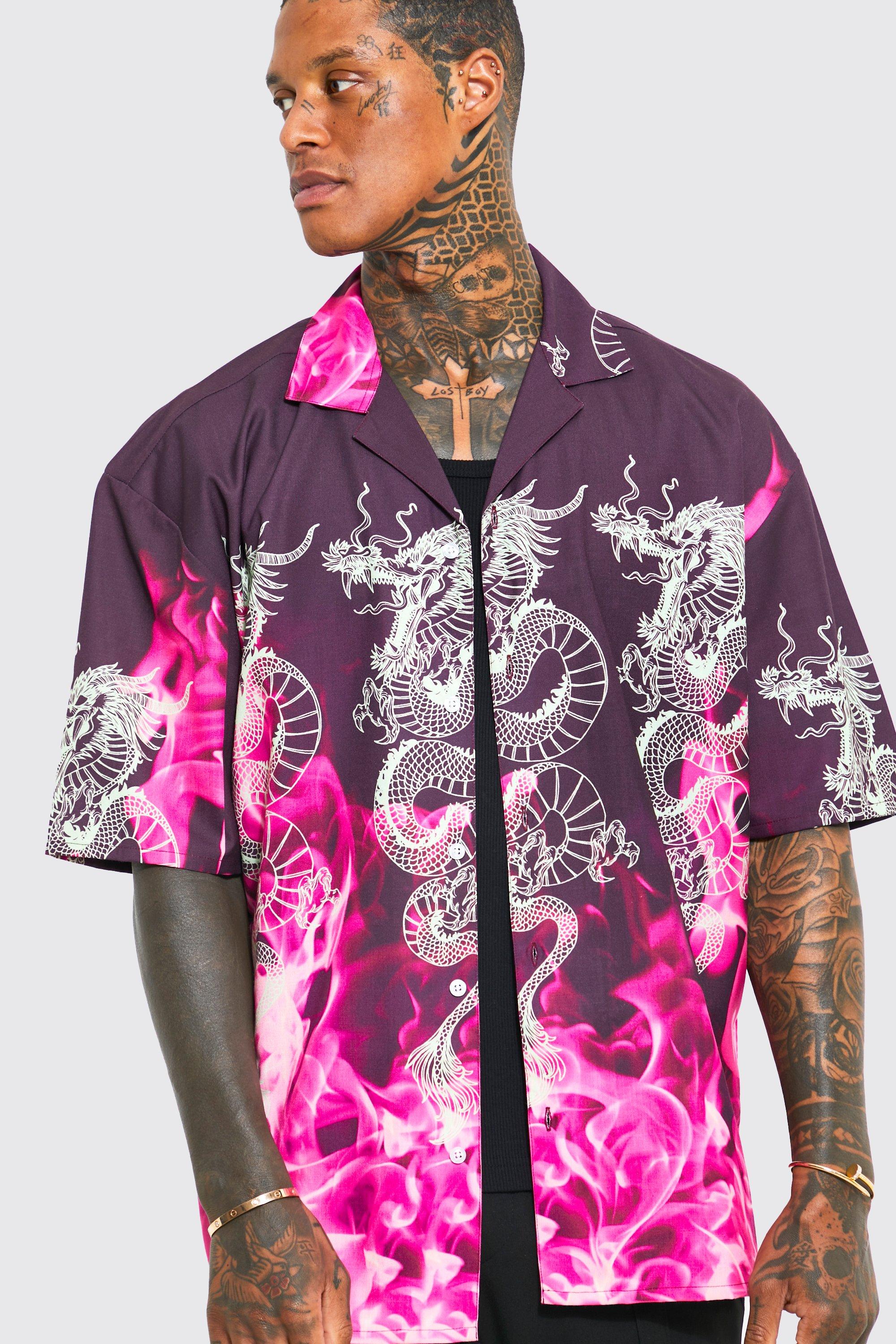 Chemise oversize imprim dragon et flammes