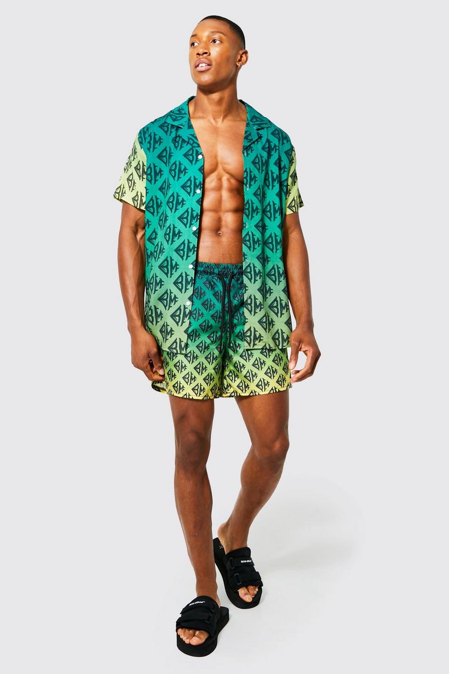 Green Viscose Ombre Shirt And Swims Set image number 1