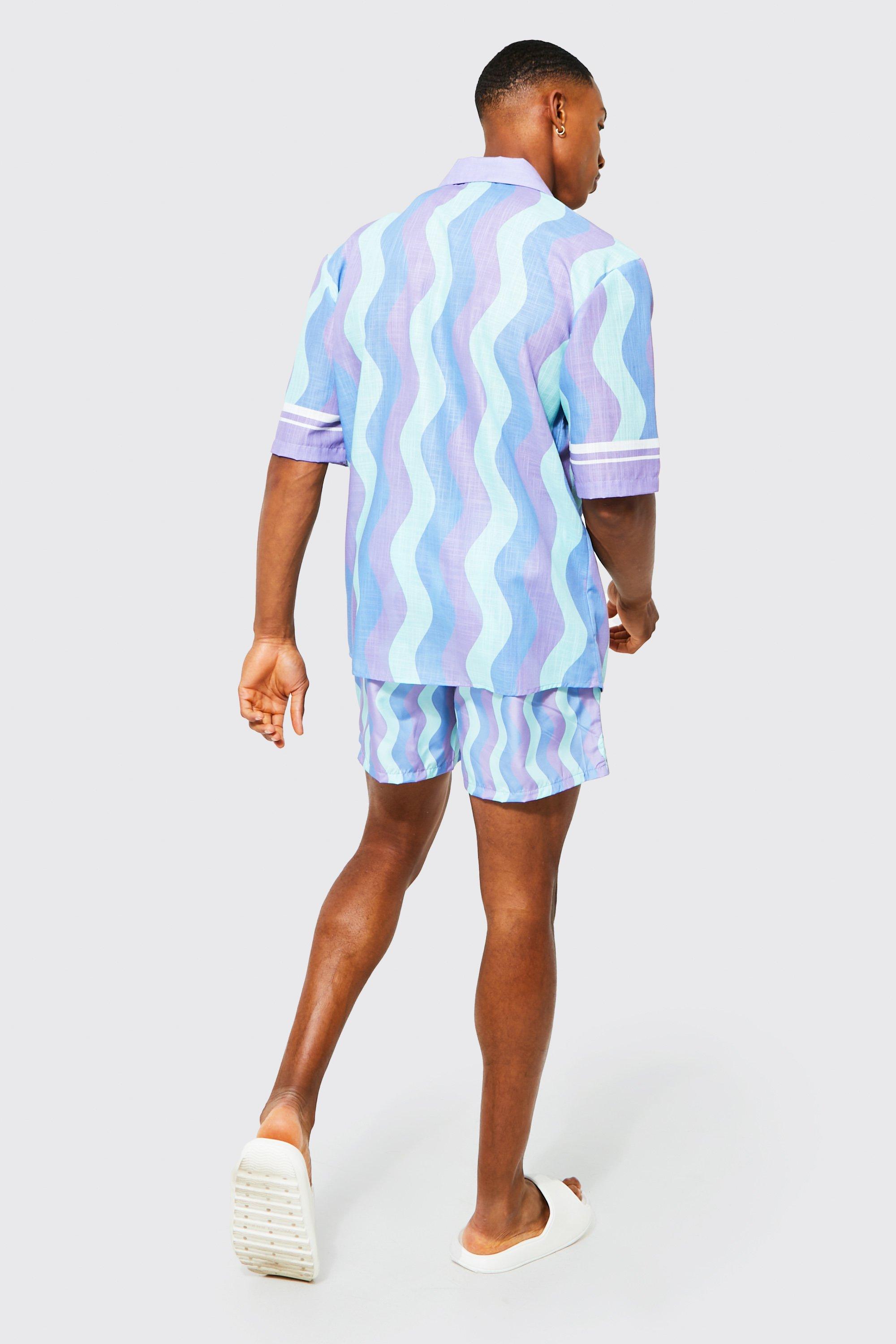Boohoo Synthetic Drop Revere Slub Abstract Shirt And Shorts in Blue for Men Mens Shirts Boohoo Shirts 