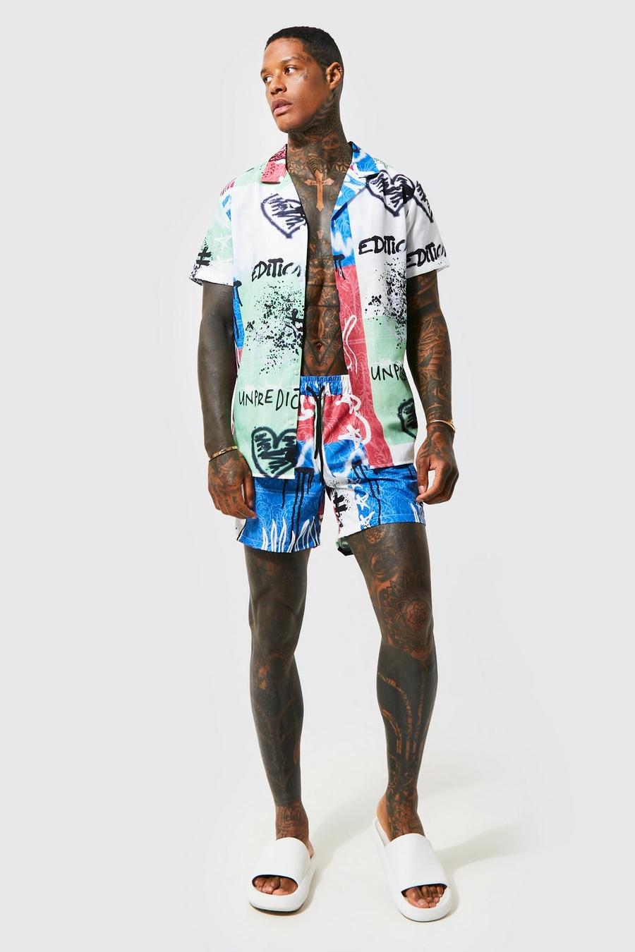 Set camicia in tessuto fiammato stile Graffiti & costume a pantaloncino, Multi image number 1