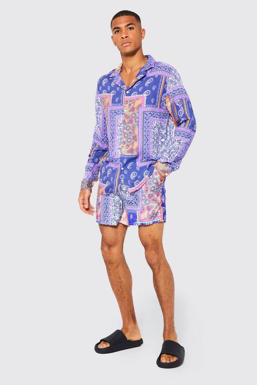 Purple Viscose Revere Patchwork Shirt And Swims Set image number 1