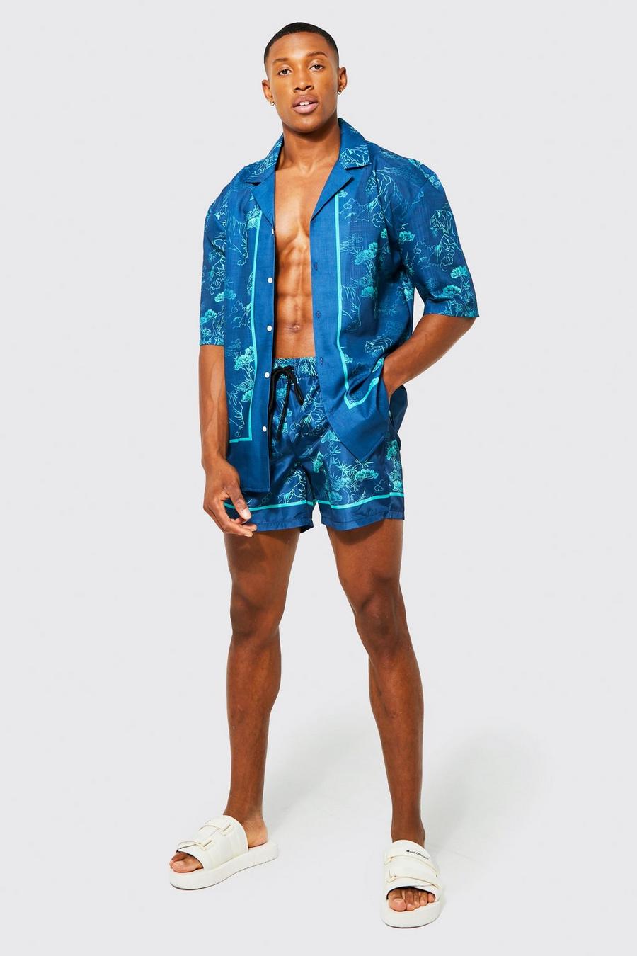 Conjunto de bañador y camisa con solapas y estampado de tigre, Navy blu oltremare