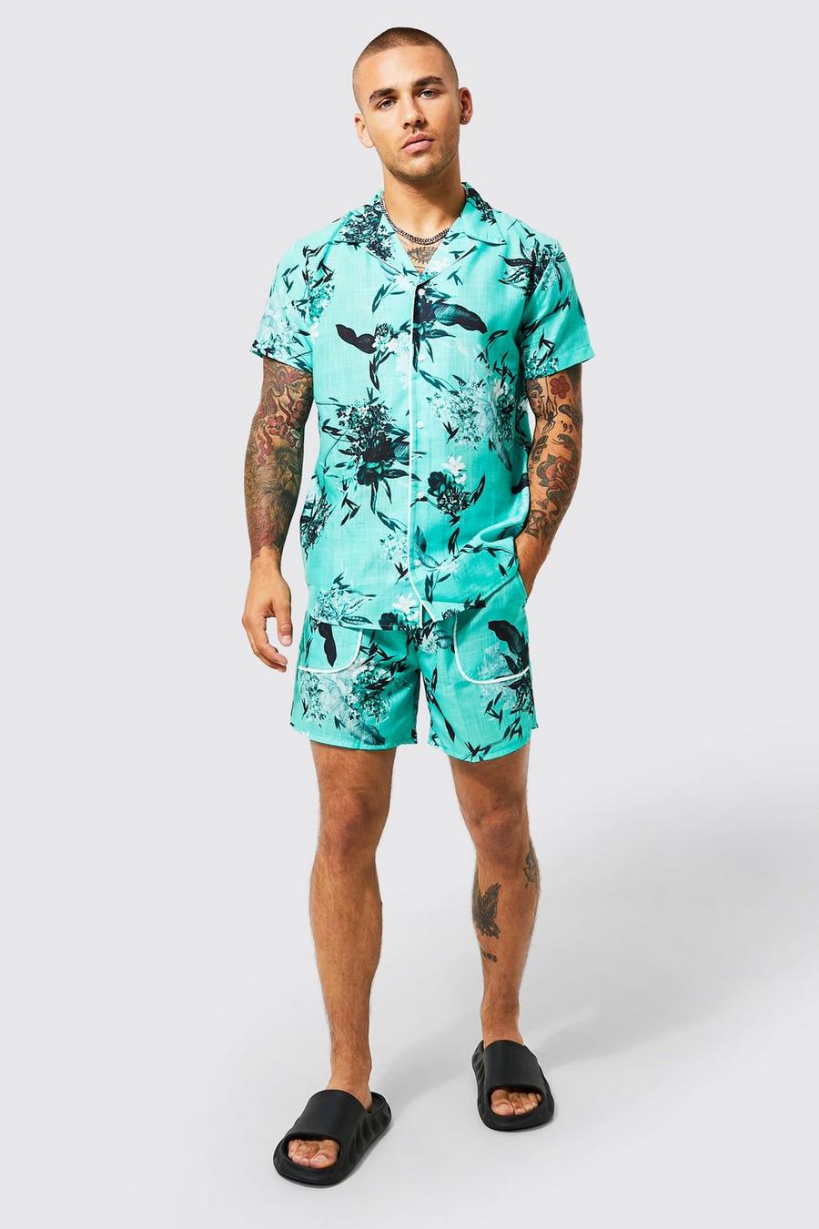 Mint Floral Slub Shirt And Short Set With Binding image number 1
