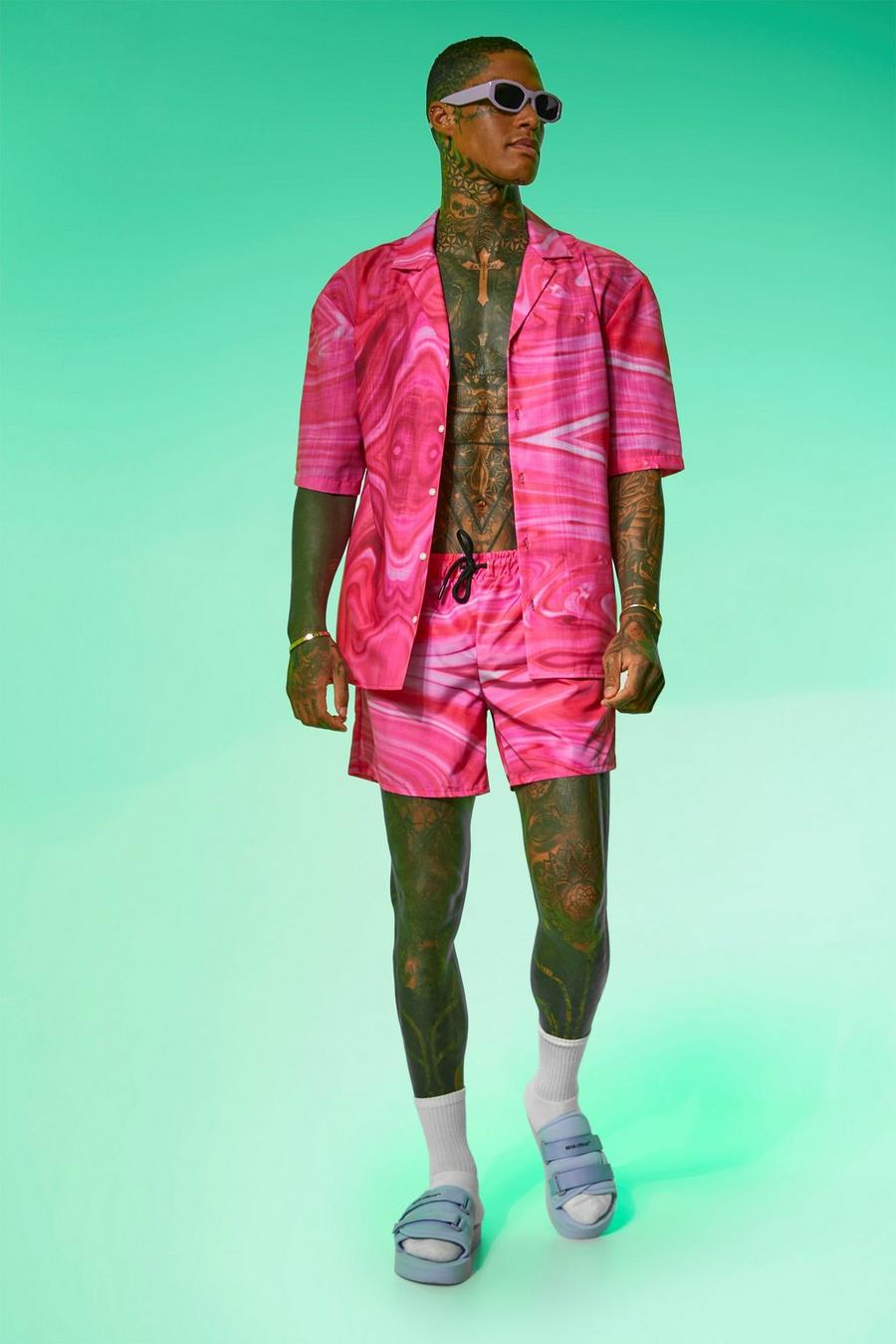 Pink Drop Revere Slub Marble Shirt And Swims Set image number 1