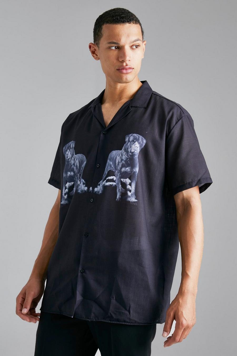 Tall Viskose-Hemd mit Rottweiler-Print, Black image number 1