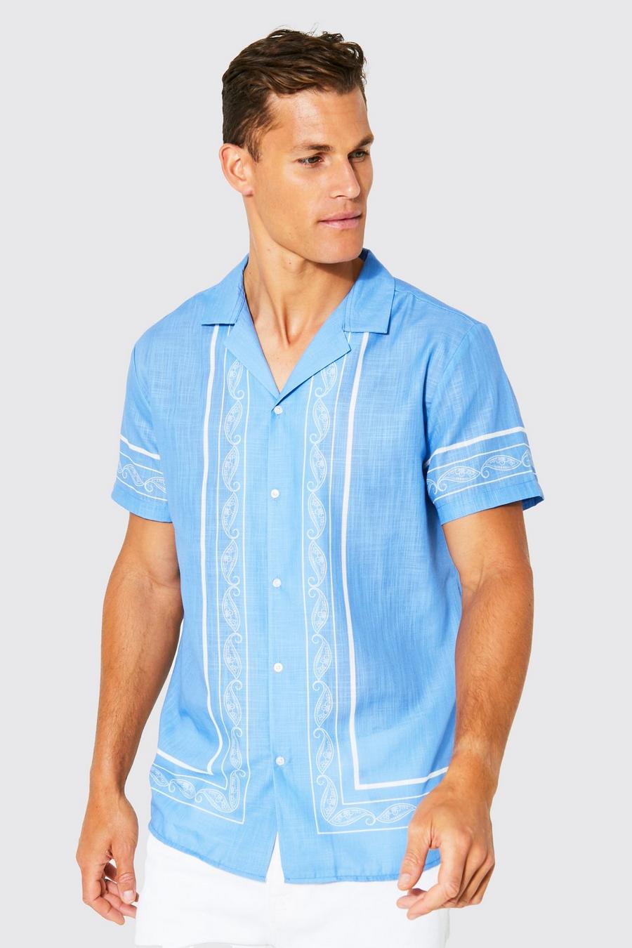 Blue Tall Short Sleeve Viscose Baroque Shirt image number 1