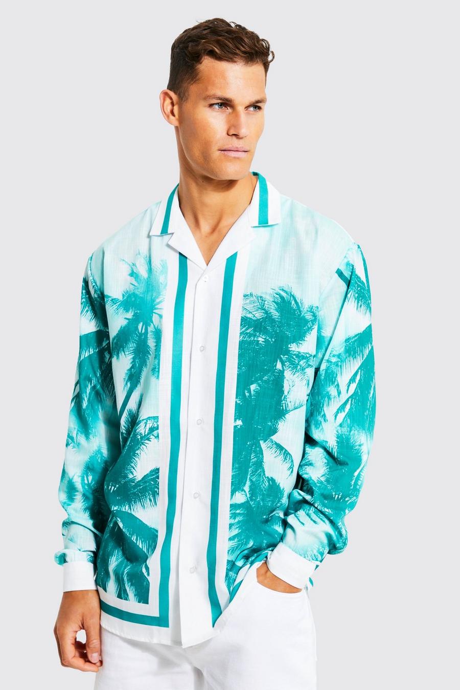 Green Tall Long Sleeve Oversized Palm Print Shirt