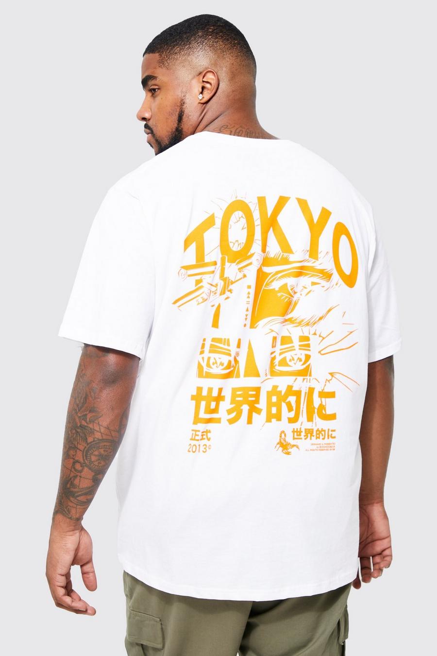 White Plus Long Line Anime Tokyo T-Shirt Met Rugopdruk image number 1