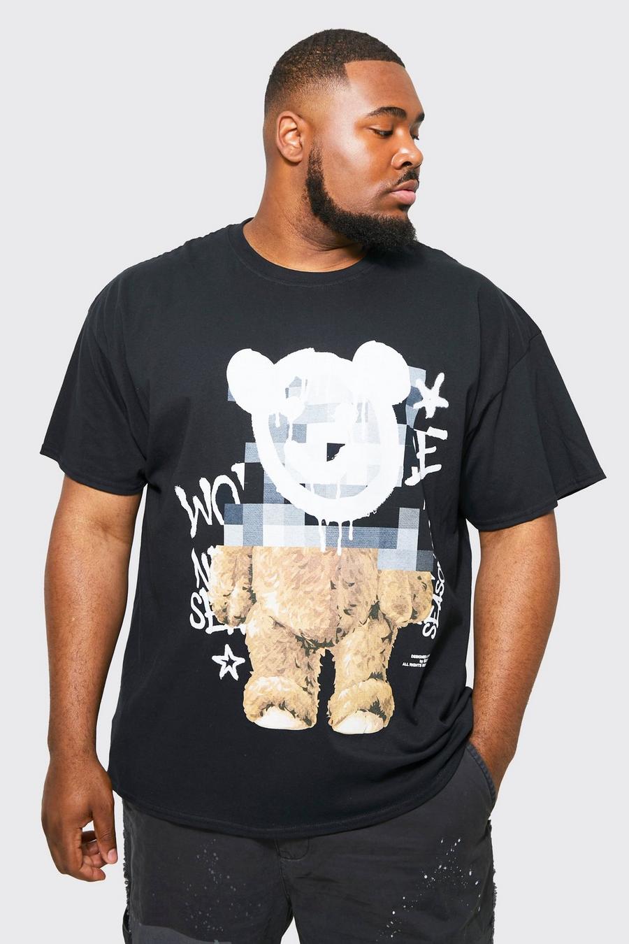 Plus T-Shirt mit Teddy Pixel-Print, Black schwarz