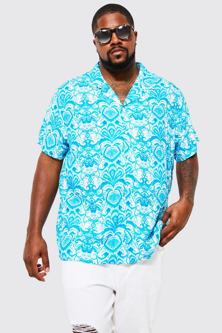 Blue Plus Short Sleeve Viscose Baroque Shirt image number 1