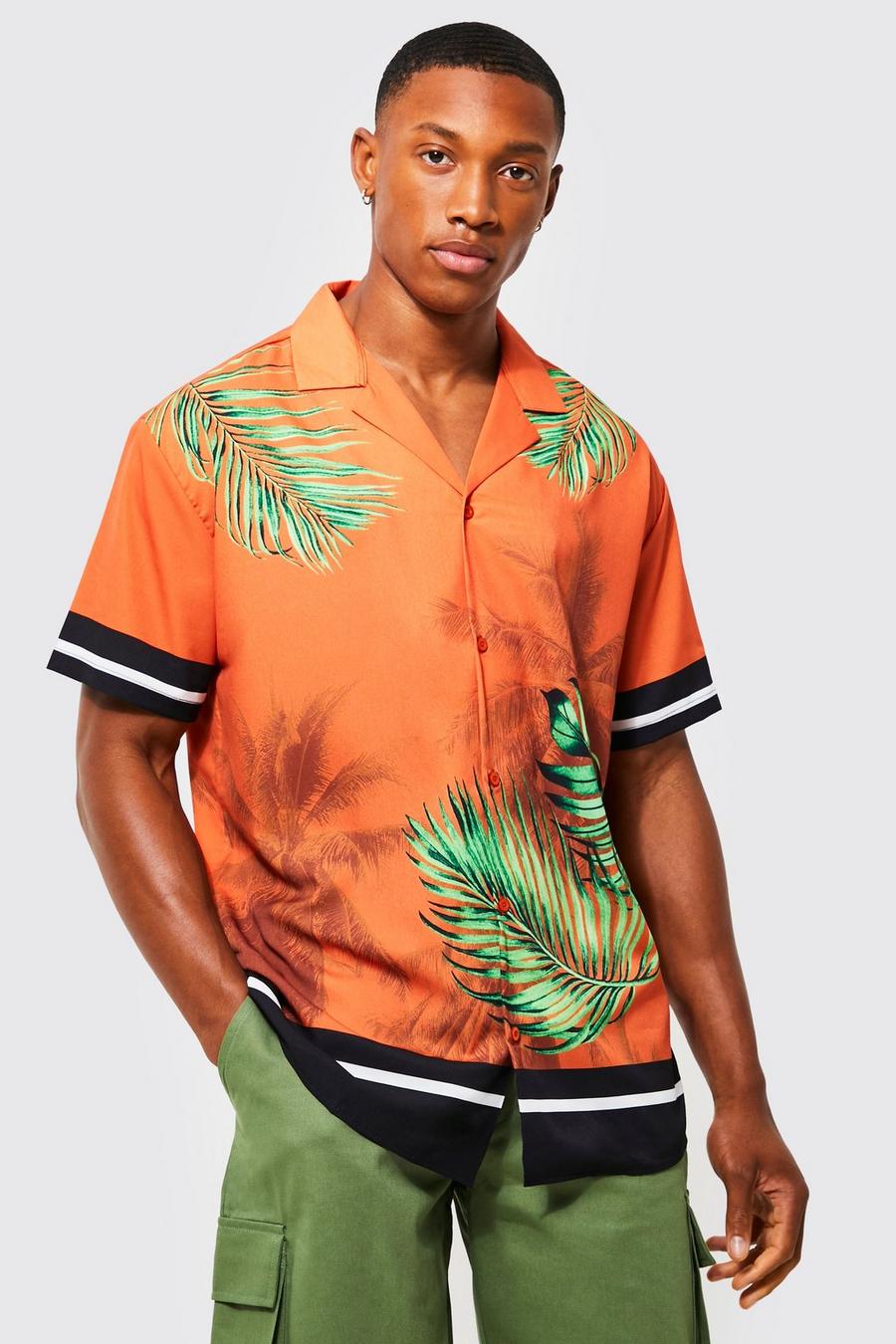 Camisa oversize con estampado de palmeras y solapas, Orange naranja image number 1