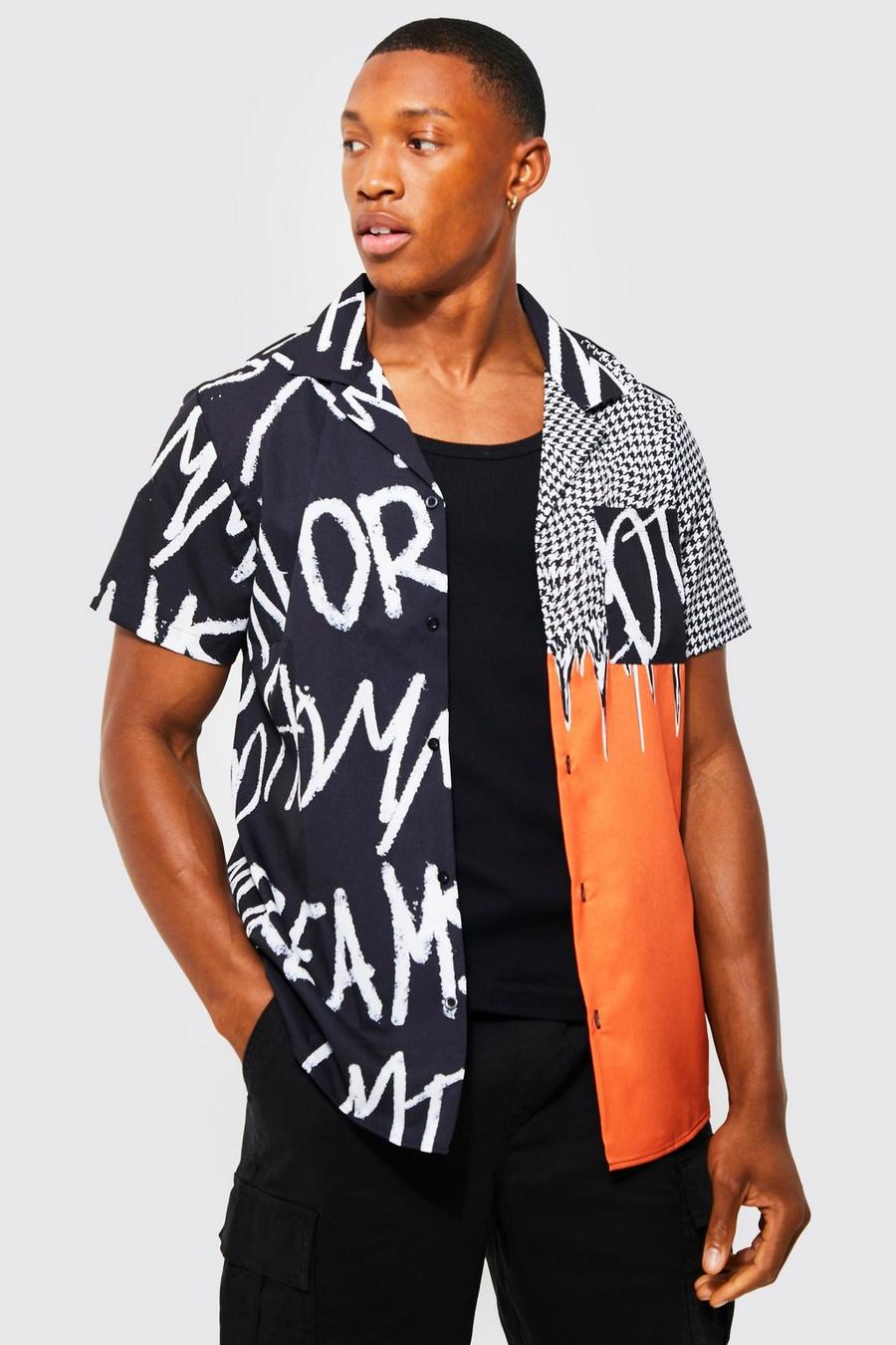 Kurzärmliges gespleißtes Hemd mit Graffiti-Print, Orange