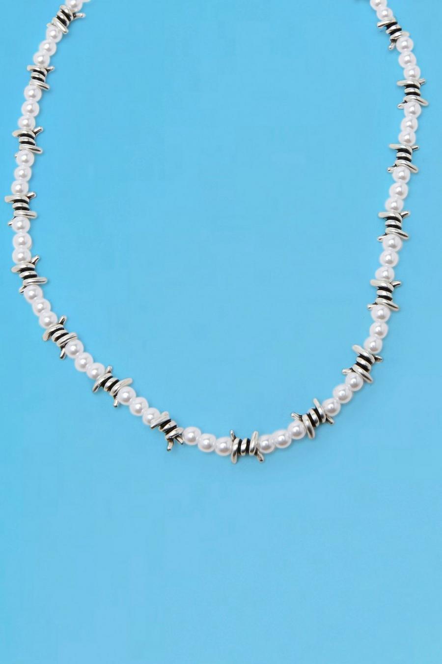 Silver argent Pearl Barbwire Detail Chain
