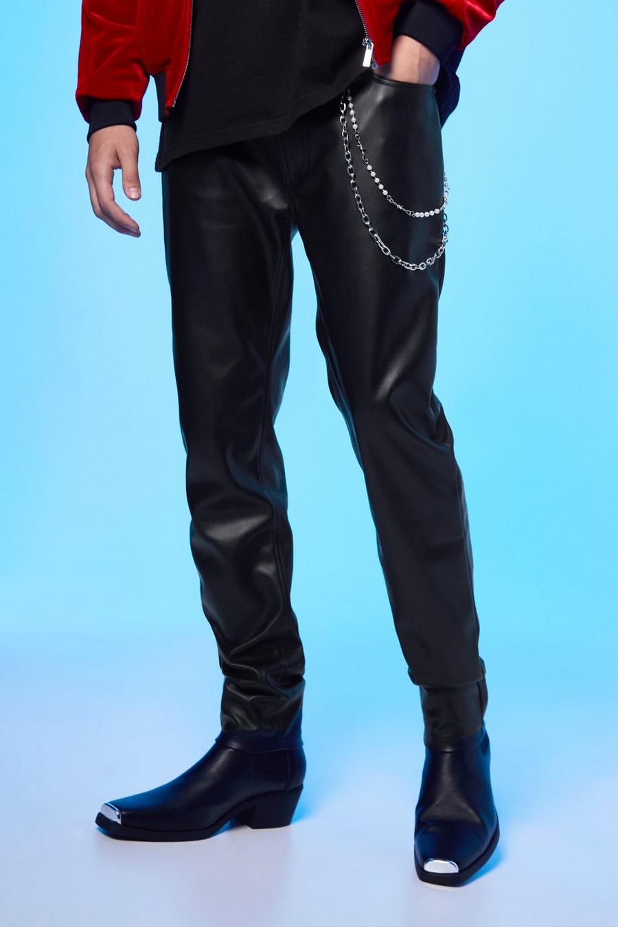 Jeans Skinny Fit in PU con catena di perle, Black image number 1
