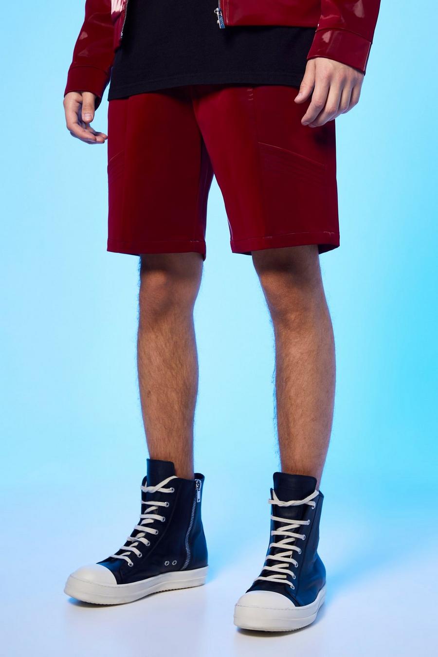 Pantalón corto de ciclista de cuero sintético con costuras en contraste, Red rosso