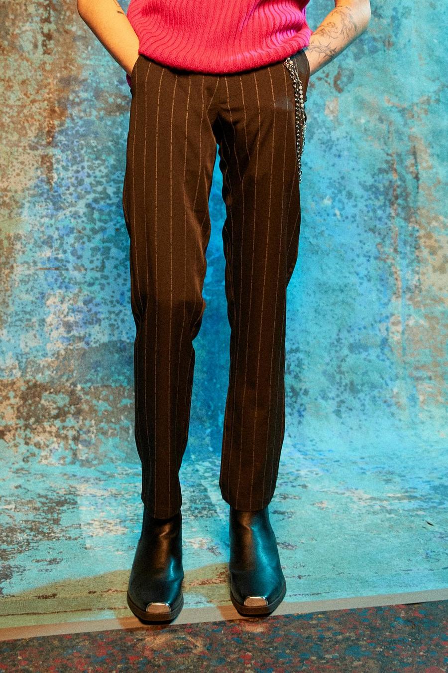 Black Pv Slogan Pinstripe Straight Leg Trouser image number 1