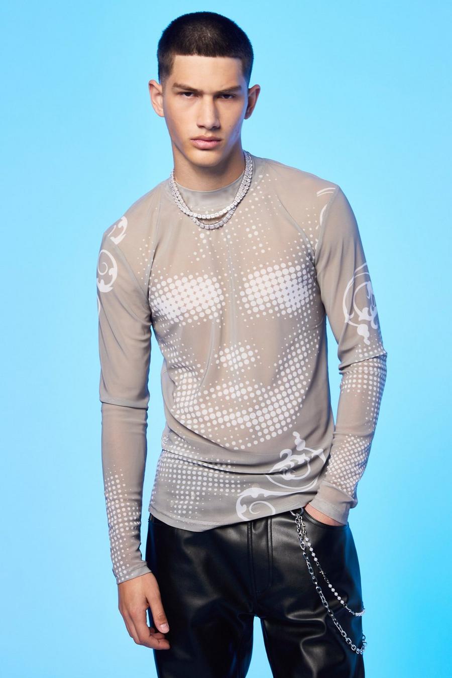 Beige Graphic Sheer Mesh Muscle Fit Long Sleeve Top image number 1