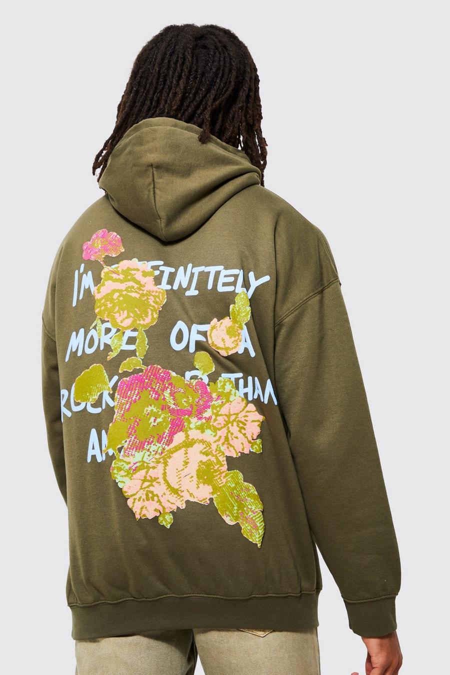 Khaki Oversized Floral Back Graphic Hoodie image number 1