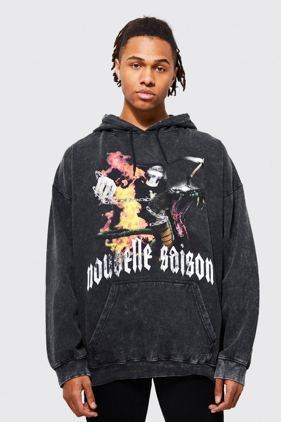 Oversize Hoodie mit Nouvelle Saison Print und Acid-Waschung, Charcoal grey image number 1