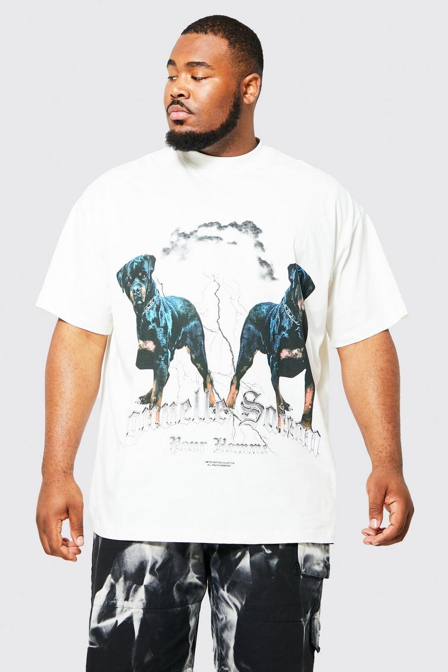 Camiseta Plus oversize con estampado gráfico de rottweiler, Ecru bianco image number 1