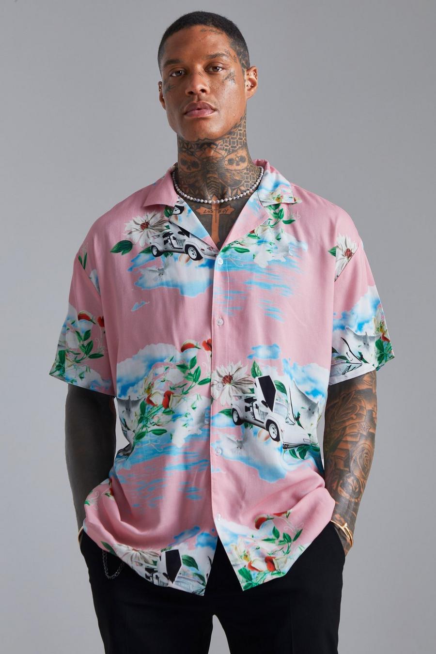 Oversize Viskose-Hemd mit Print, Pink