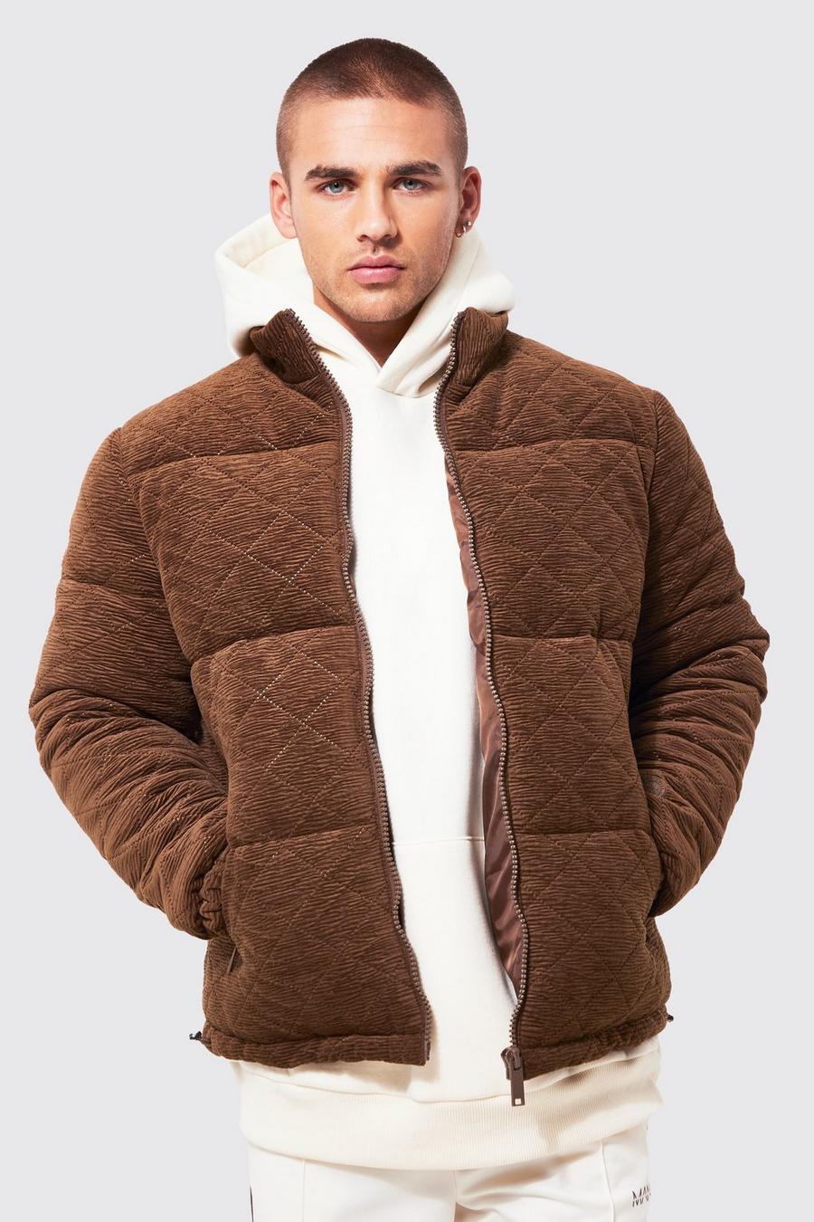 Brown Velvet Diamond Quilted Funnel Neck Puffer image number 1
