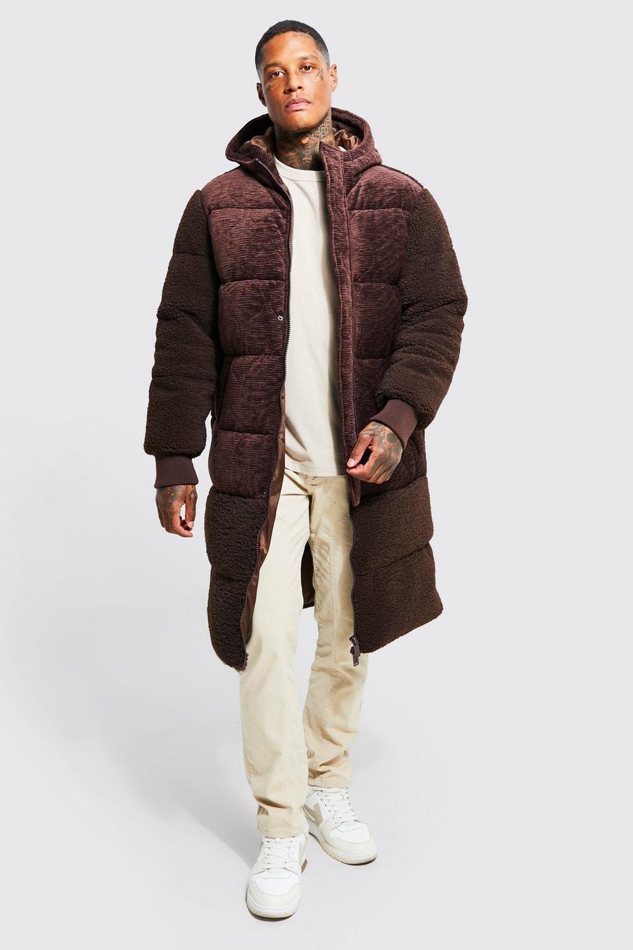 Chocolate Velvet Quilted Borg Mix Longline Puffer image number 1