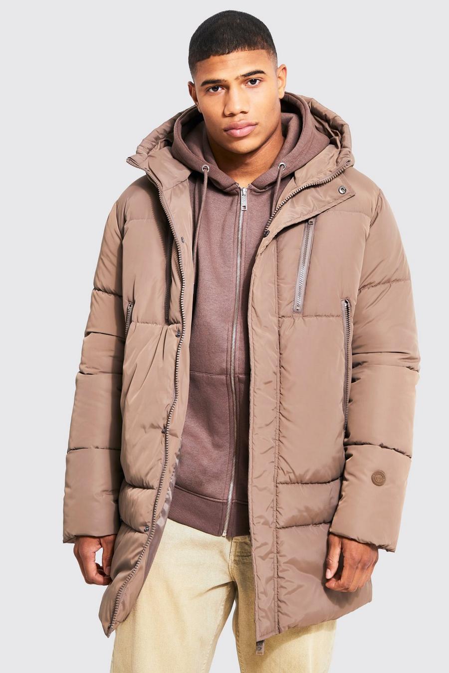Taupe 4 Pocket Hooded Mid Length Puffer image number 1