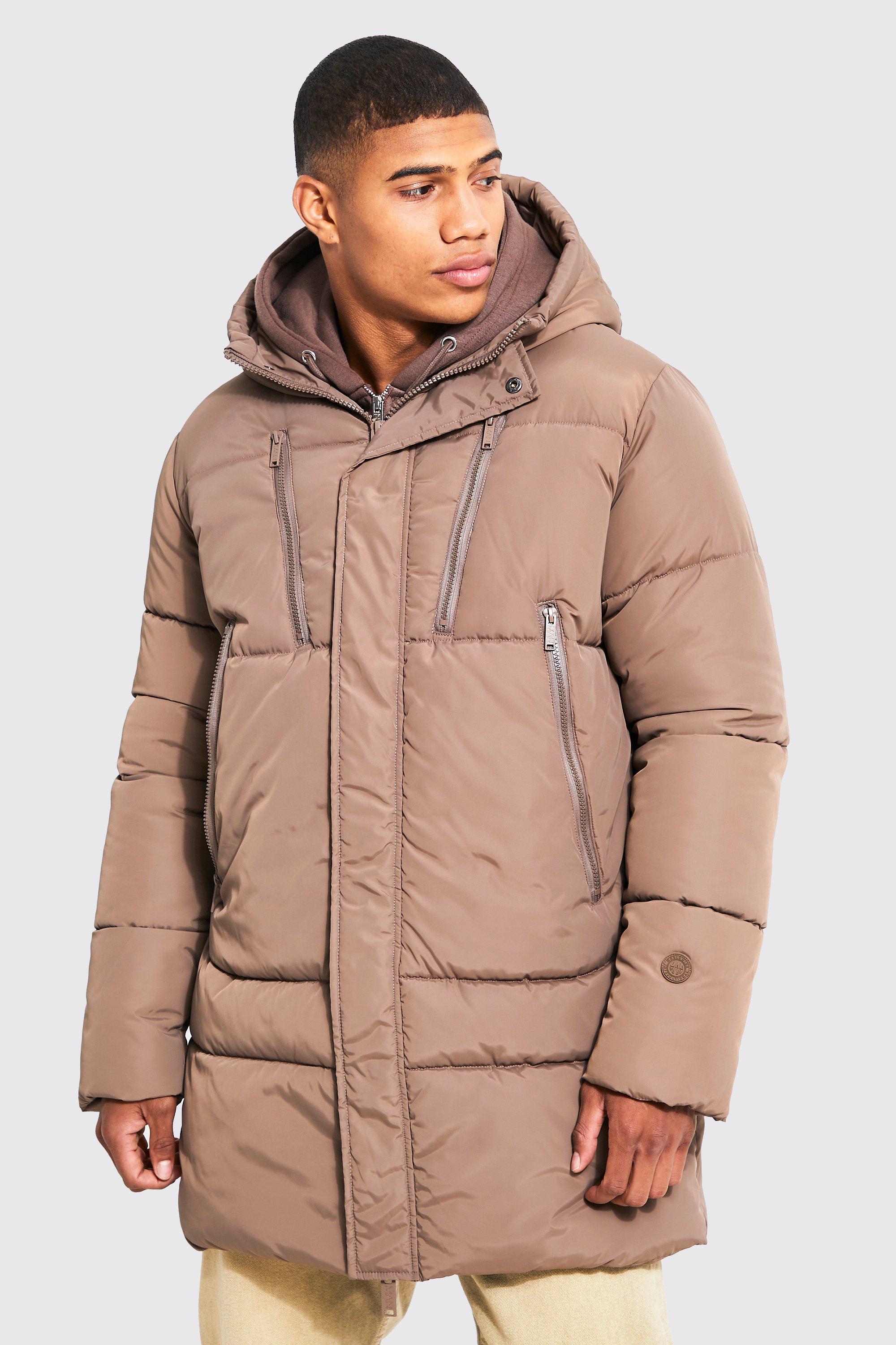 Mid length puffer coat with outlet hood