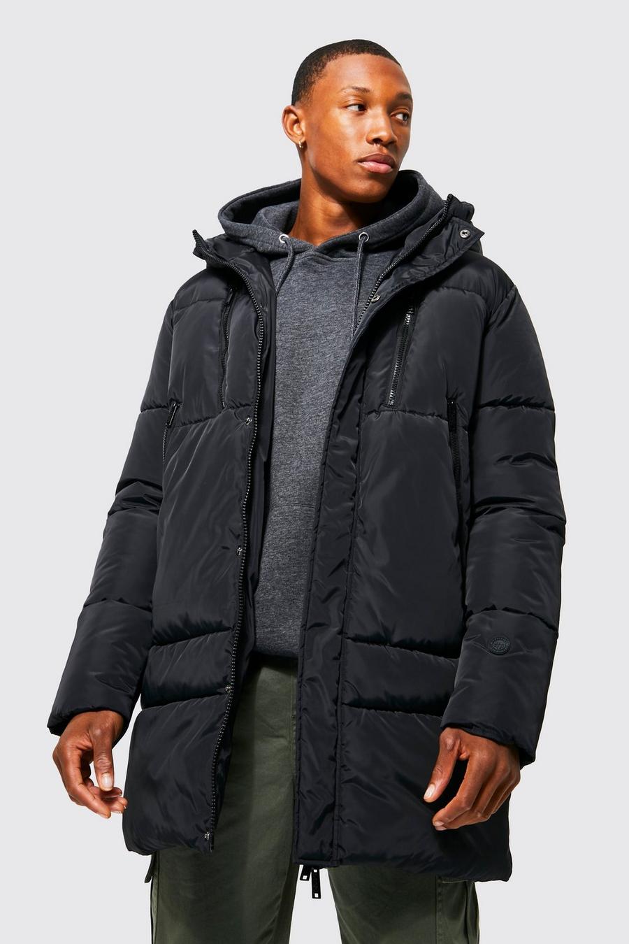 Black 4 Pocket Hooded Mid Length Puffer image number 1