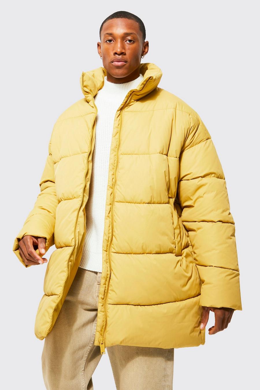 Mustard Oversized Mid Length Funnel Neck Puffer image number 1