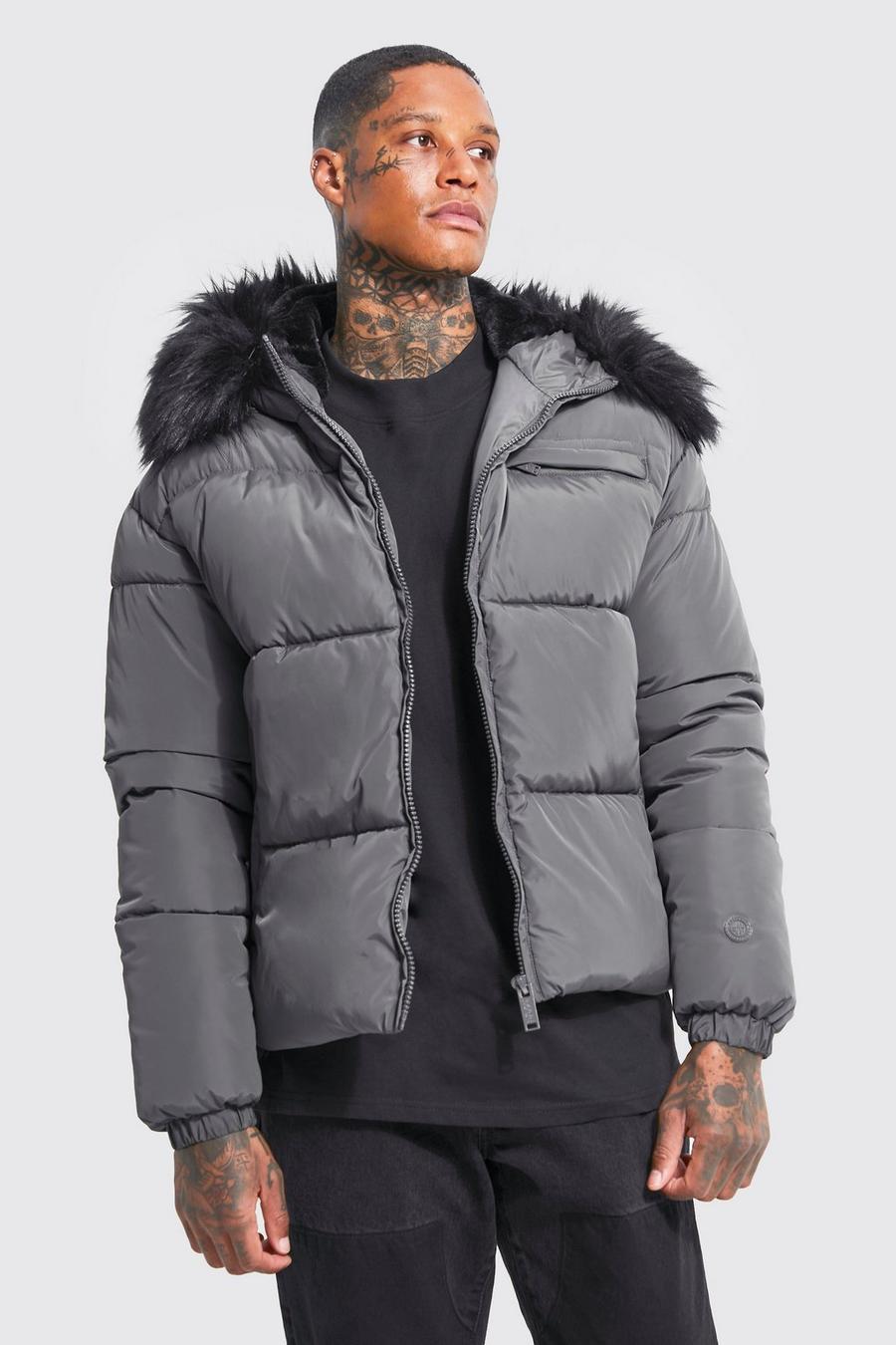 Grey Faux Fur Trim Hooded Puffer image number 1